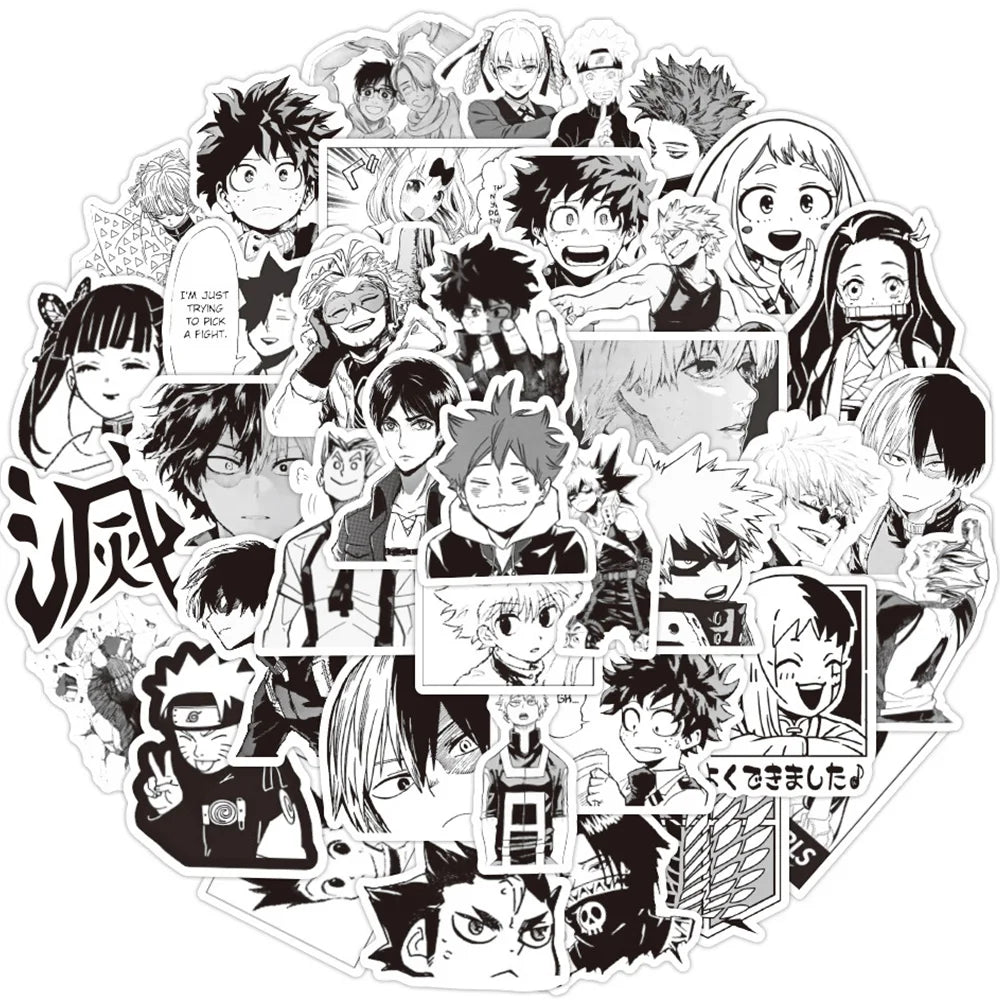Lot de 10/30/50/100 autocollants mixtes noirs et blancs pour ordinateur portable, téléphone, style manga, Jujutsu Kaisen Attack on Titan