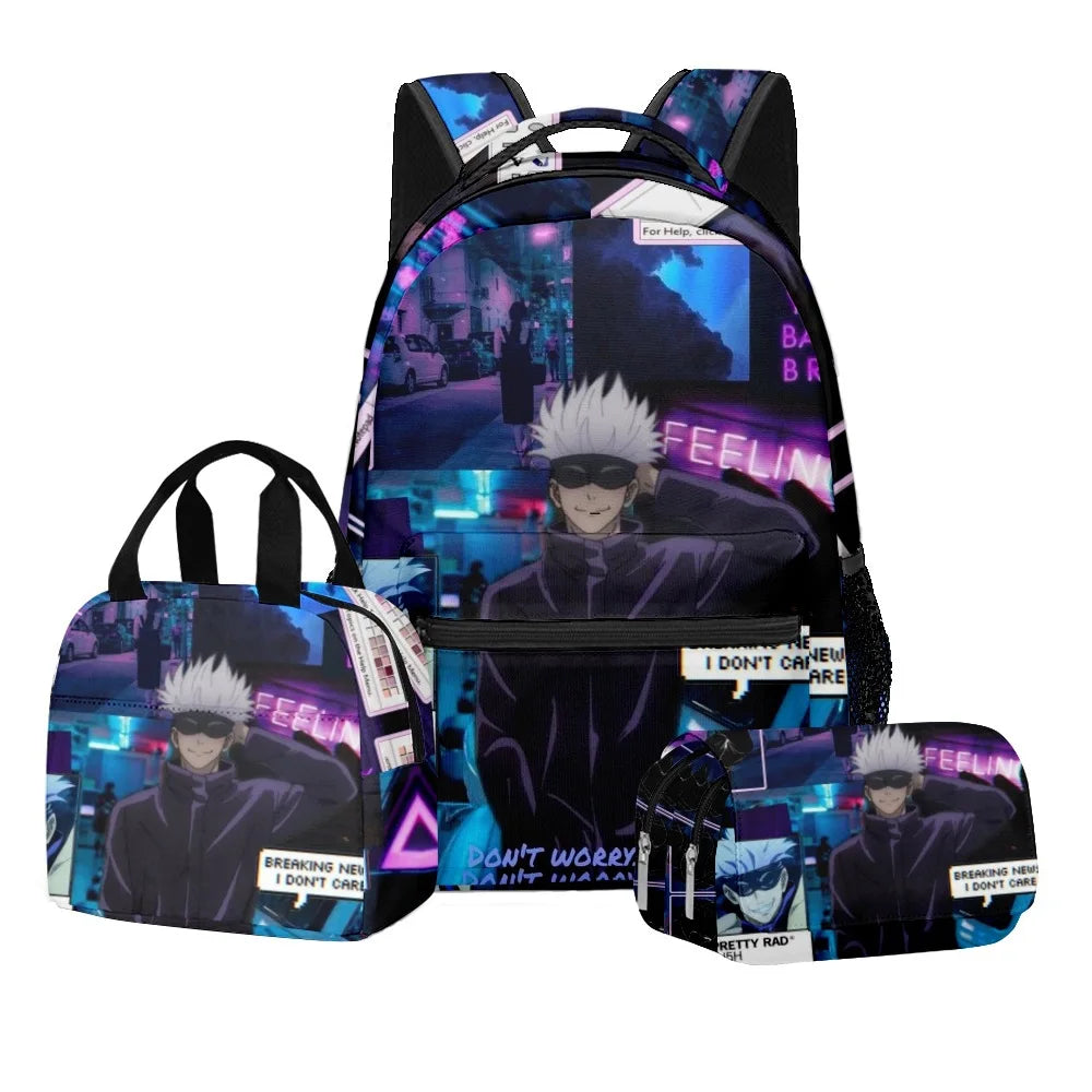 Ensemble scolaire Jujutsu Kaisen avec impression numérique d'anime, sac à dos grande capacité, sac à déjeuner, trousse à crayons à 2 couches, 3 pièces, cadeau pour garçon
