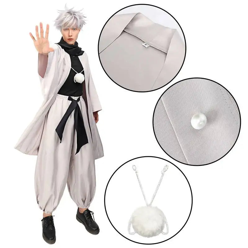DAZCOS Satoru Cosplay Haori Kimono Jacket Men with Scarf Satoru Costume Adult Outfits Japan Kimono Comic-Con Carnival Clothing - Jujutsu Kaisen Merch - Free Shipping Buy Now