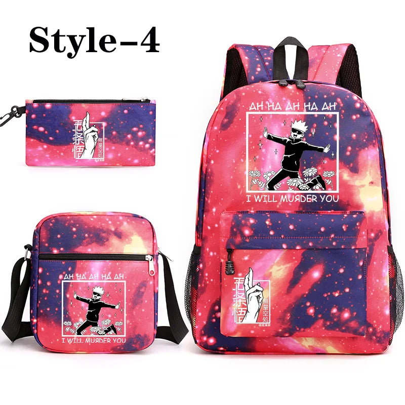 Sac à dos mignon à motif Anime Satoru Gojo Nouveau sac à dos Anime Satoru Gojo 3 pièces Sac à bandoulière Sac à stylos Sac à dos Satoru Gojo
