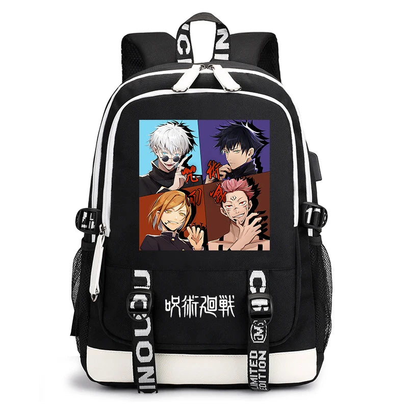呪術廻戦 アニメプリント バックパック 学生用スクールバッグ USBバッグ 新学期ギフト