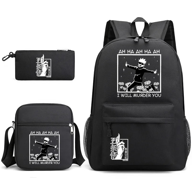 Sac à dos mignon à motif Anime Satoru Gojo Nouveau sac à dos Anime Satoru Gojo 3 pièces Sac à bandoulière Sac à stylos Sac à dos Satoru Gojo