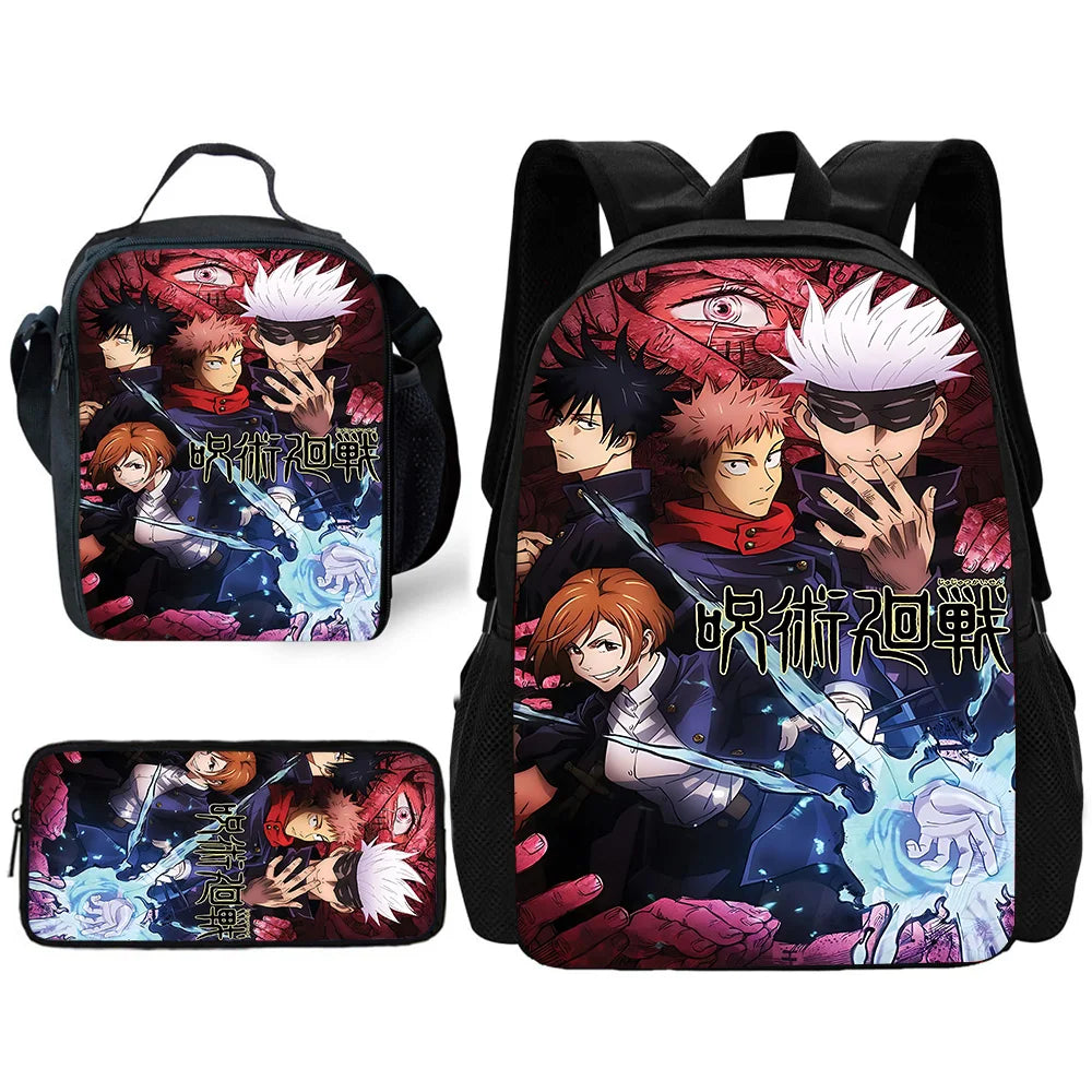 Sac à dos d'école Anime J-Jujutsu Kaisen pour enfant avec sacs à déjeuner, trousses à crayons, sacs d'école pour garçons et filles, meilleur cadeau