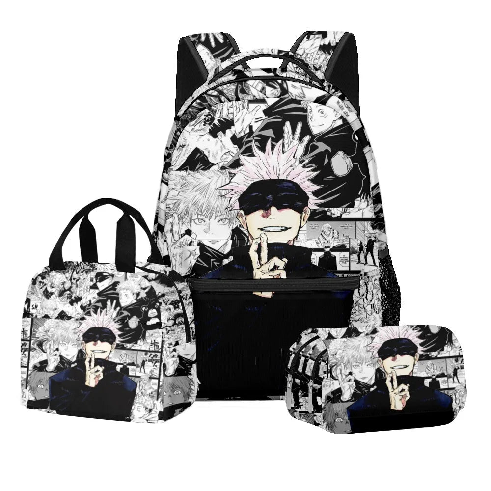 Ensemble scolaire Jujutsu Kaisen avec impression numérique d'anime, sac à dos grande capacité, sac à déjeuner, trousse à crayons à 2 couches, 3 pièces, cadeau pour garçon