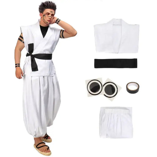DAZCOS Ryomen Sukuna Costume White Kung Fu Suit with Tattoo Stickers Ryomen Sukuna as Megumi Showdown Cosplay Costume Full Set - Jujutsu Kaisen Merch - Free Shipping Buy Now