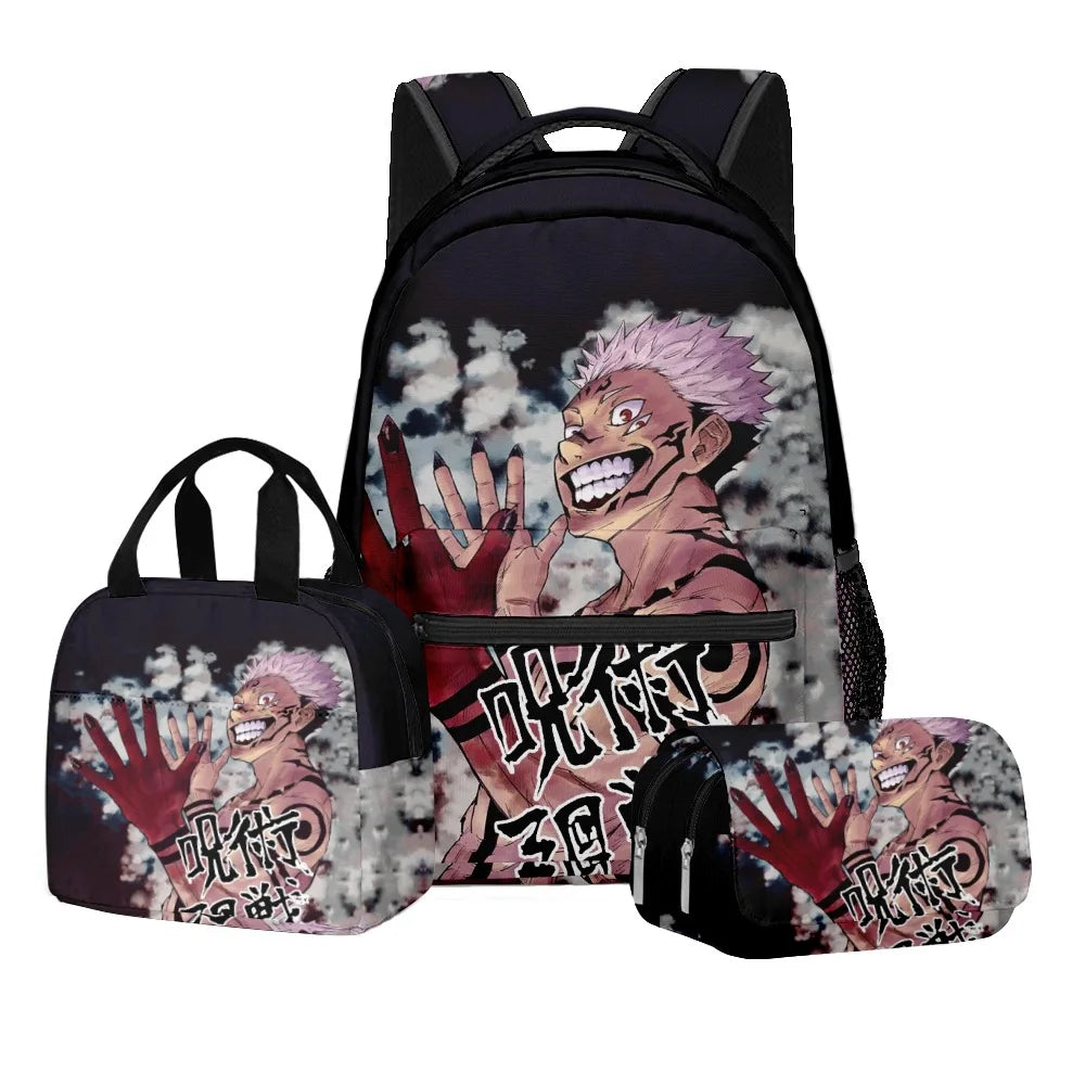 Ensemble scolaire Jujutsu Kaisen avec impression numérique d'anime, sac à dos grande capacité, sac à déjeuner, trousse à crayons à 2 couches, 3 pièces, cadeau pour garçon