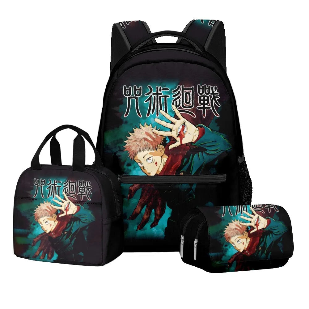 Ensemble scolaire Jujutsu Kaisen avec impression numérique d'anime, sac à dos grande capacité, sac à déjeuner, trousse à crayons à 2 couches, 3 pièces, cadeau pour garçon
