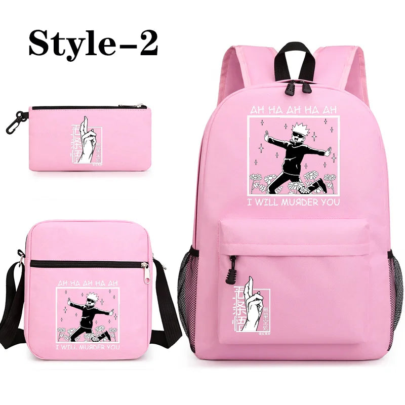 かわいいアニメ五条悟柄バックパック。新作アニメ五条悟3ピースバックパック。ショルダーバッグ、ペンバッグ、五条悟バックパック。