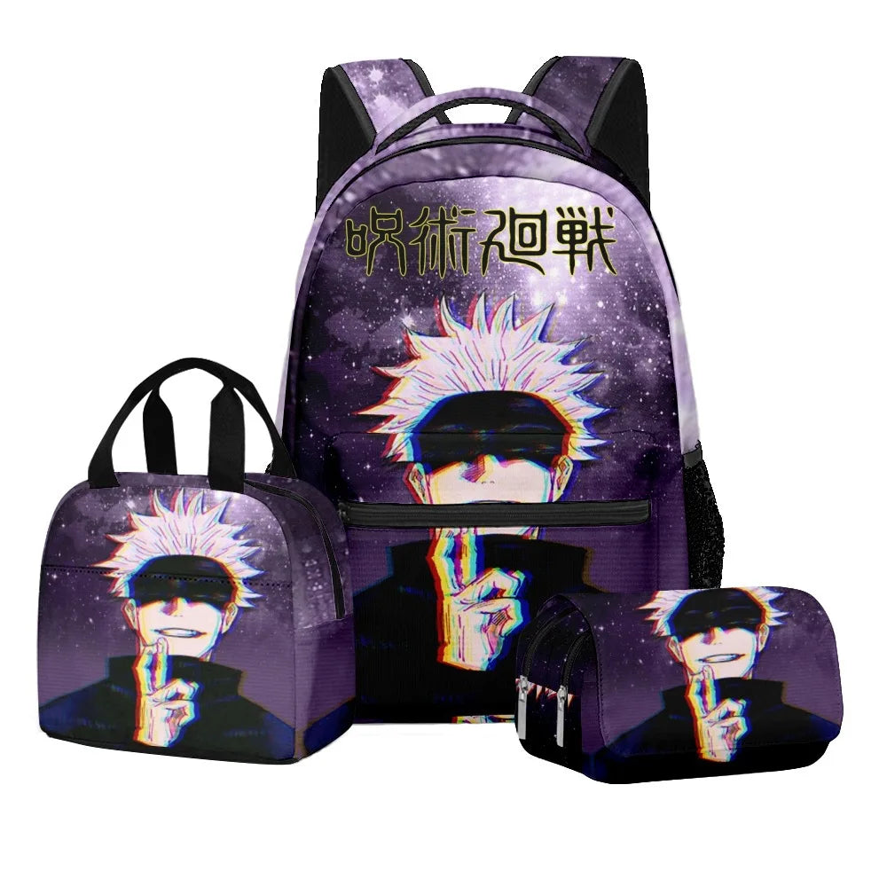 Ensemble scolaire Jujutsu Kaisen avec impression numérique d'anime, sac à dos grande capacité, sac à déjeuner, trousse à crayons à 2 couches, 3 pièces, cadeau pour garçon