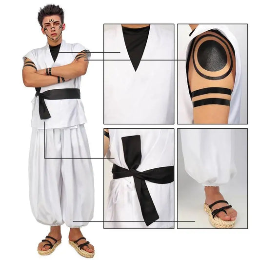 DAZCOS Ryomen Sukuna Costume White Kung Fu Suit with Tattoo Stickers Ryomen Sukuna as Megumi Showdown Cosplay Costume Full Set - Jujutsu Kaisen Merch - Free Shipping Buy Now