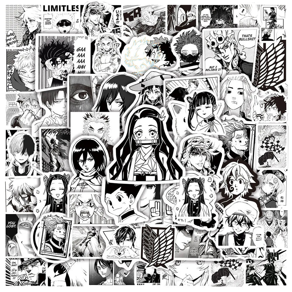 Lot de 50/100 autocollants dessin animé Attack On Titan Jujutsu Kaisen, autocollants imperméables pour skateboard, ordinateur portable, voiture, moto