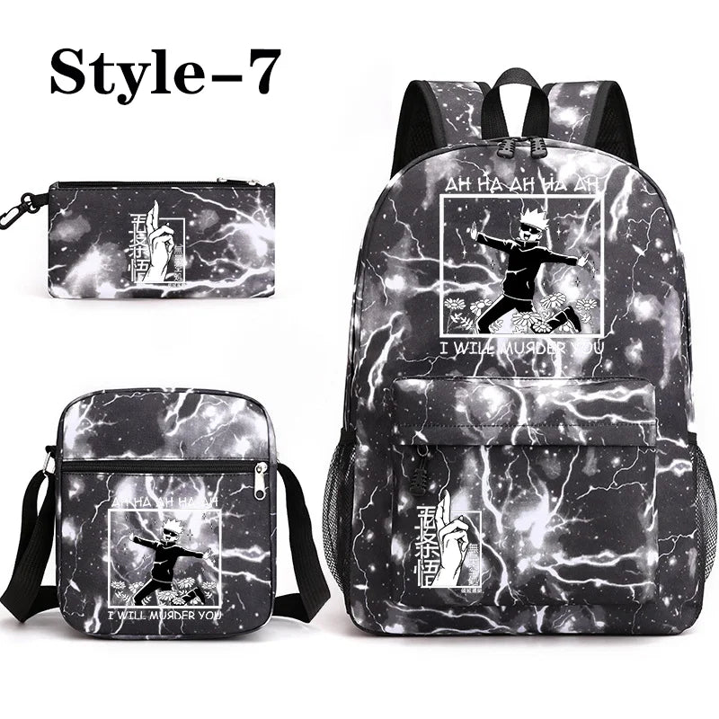 Sac à dos mignon à motif Anime Satoru Gojo Nouveau sac à dos Anime Satoru Gojo 3 pièces Sac à bandoulière Sac à stylos Sac à dos Satoru Gojo
