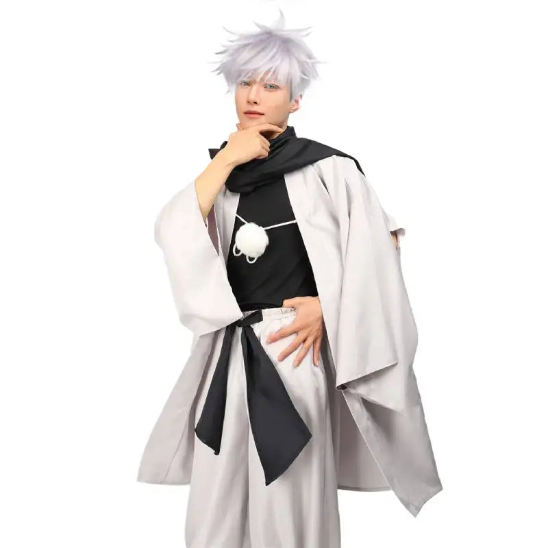 DAZCOS Satoru Cosplay Haori Kimono Jacket Men with Scarf Satoru Costume Adult Outfits Japan Kimono Comic-Con Carnival Clothing - Jujutsu Kaisen Merch - Free Shipping Buy Now