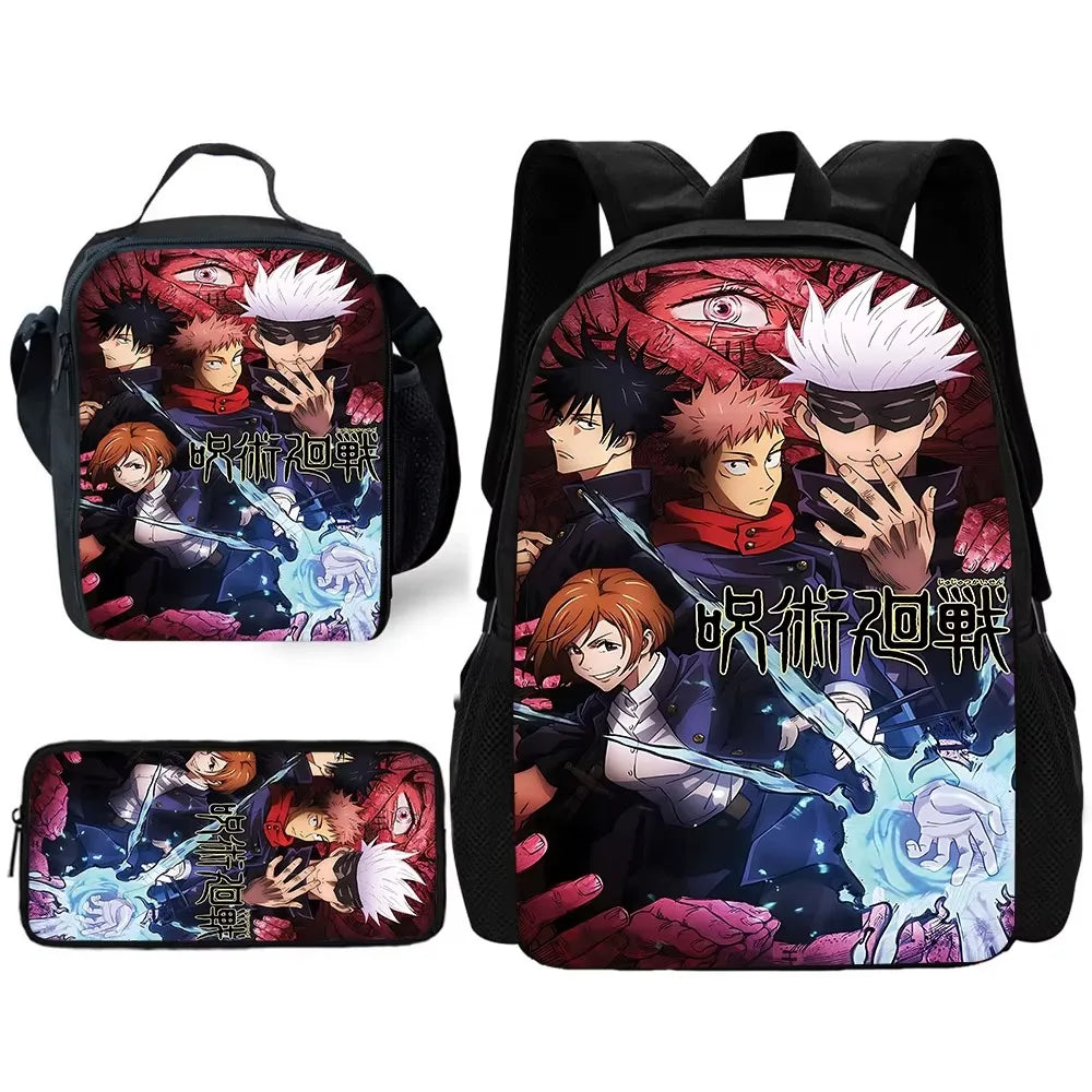 Sac à dos d'école Anime J-Jujutsu Kaisen pour enfant avec sacs à déjeuner, trousses à crayons, sacs d'école pour garçons et filles, meilleur cadeau