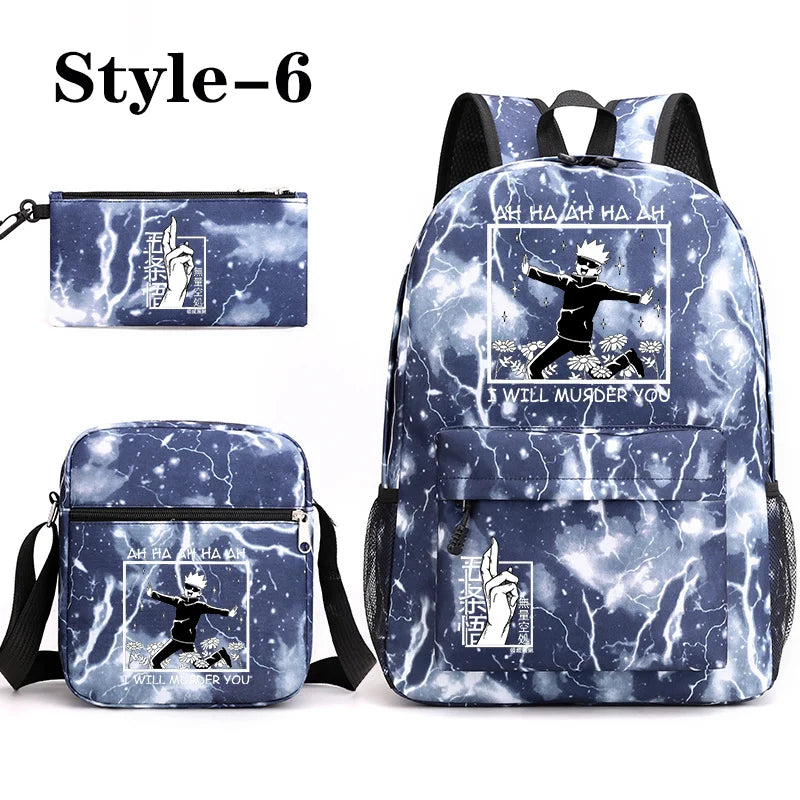 Sac à dos mignon à motif Anime Satoru Gojo Nouveau sac à dos Anime Satoru Gojo 3 pièces Sac à bandoulière Sac à stylos Sac à dos Satoru Gojo
