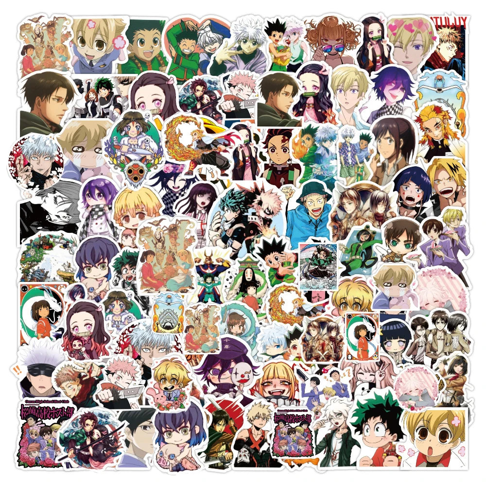 Lot de 50/100 autocollants dessin animé Attack On Titan Jujutsu Kaisen, autocollants imperméables pour skateboard, ordinateur portable, voiture, moto