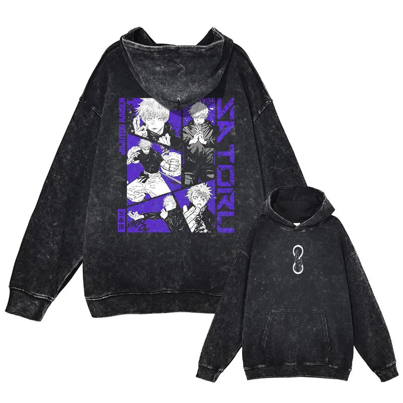 Anime J-Jujutsu Hoodies Vintage Washed Gojo Saturo Hooded Sweatshirts Oversized Manga K-Kaisen Fushiguro Toji CHOSO Hoodie Men - Jujutsu Kaisen Merch - Free Shipping Buy Now