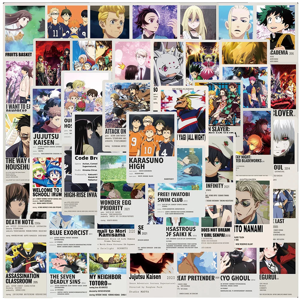 Lot de 50/100 autocollants graffitis pour enfants, mélange de dessins animés Jujutsu Kaisen Hunter x Hunter My Heroes Academy Attack on Titan