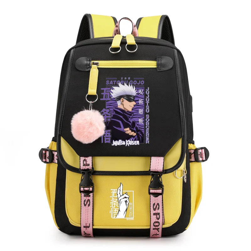 Sac à dos tendance avec fermeture éclair et port USB, motif dessin animé Satoru Gojo Harajuku, idéal pour l'extérieur et les adolescents