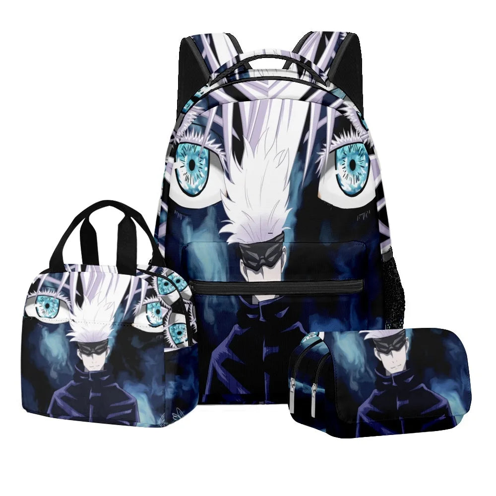 Ensemble scolaire Jujutsu Kaisen avec impression numérique d'anime, sac à dos grande capacité, sac à déjeuner, trousse à crayons à 2 couches, 3 pièces, cadeau pour garçon