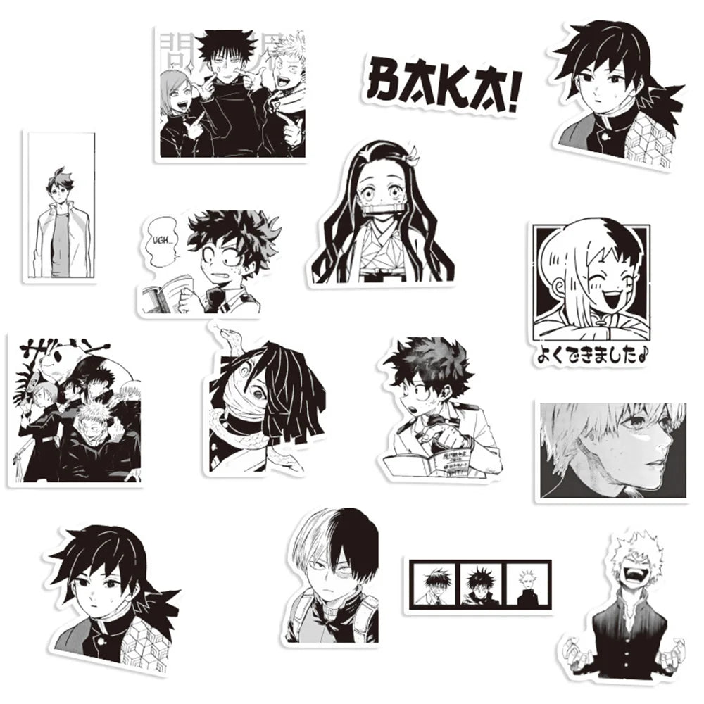 Lot de 10/30/50/100 autocollants mixtes noirs et blancs pour ordinateur portable, téléphone, style manga, Jujutsu Kaisen Attack on Titan
