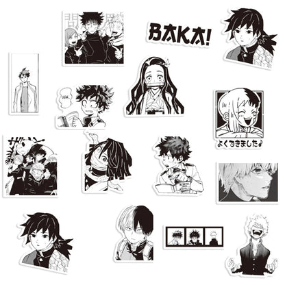 Lot de 10/30/50/100 autocollants mixtes noirs et blancs pour ordinateur portable, téléphone, style manga, Jujutsu Kaisen Attack on Titan