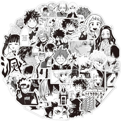 Lot de 10/30/50/100 autocollants mixtes noirs et blancs pour ordinateur portable, téléphone, style manga, Jujutsu Kaisen Attack on Titan