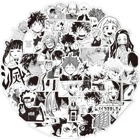 Lot de 10/30/50/100 autocollants mixtes noirs et blancs pour ordinateur portable, téléphone, style manga, Jujutsu Kaisen Attack on Titan
