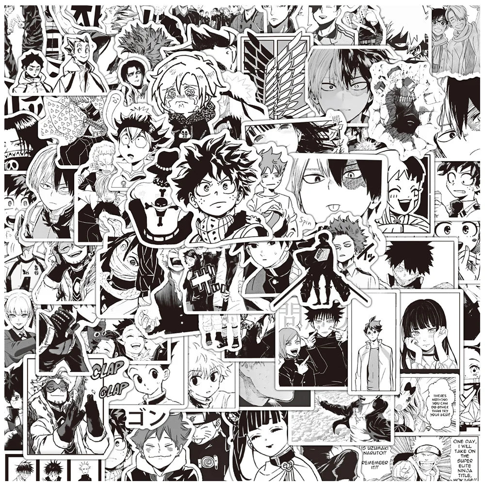 Lot de 10/30/50/100 autocollants mixtes noirs et blancs pour ordinateur portable, téléphone, style manga, Jujutsu Kaisen Attack on Titan
