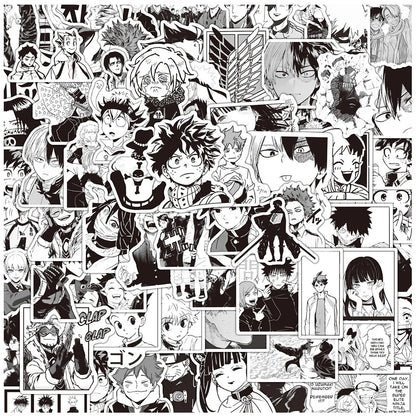 Lot de 10/30/50/100 autocollants mixtes noirs et blancs pour ordinateur portable, téléphone, style manga, Jujutsu Kaisen Attack on Titan