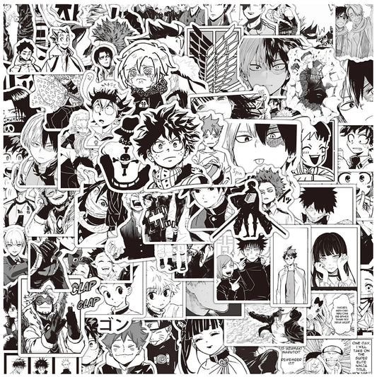 Lot de 10/30/50/100 autocollants mixtes noirs et blancs pour ordinateur portable, téléphone, style manga, Jujutsu Kaisen Attack on Titan