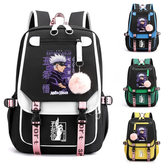 Sac à dos tendance avec fermeture éclair et port USB, motif dessin animé Satoru Gojo Harajuku, idéal pour l'extérieur et les adolescents
