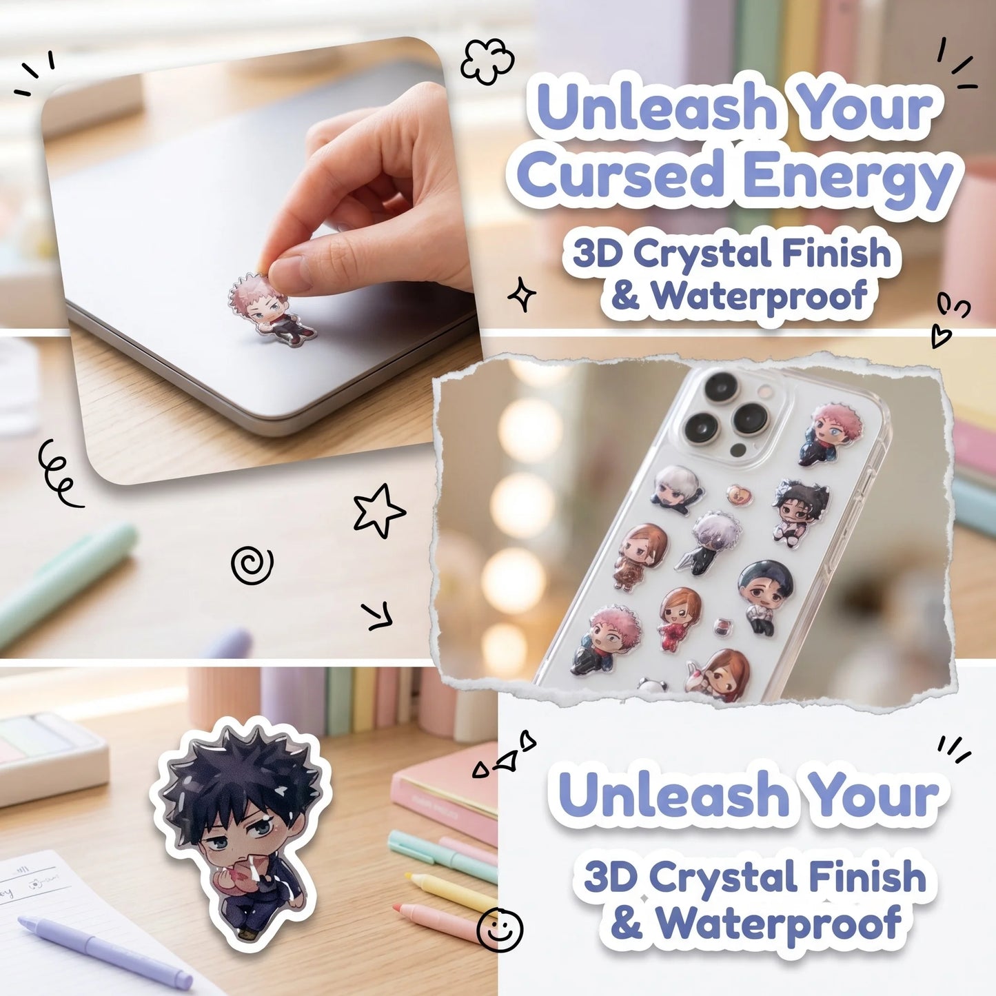 Hot Anime Jujutsu Kaisen Style 3D Crystal Epoxy Stickers Q Characters Decals for Phone Case Laptop Scrapbooking DIY Accessories