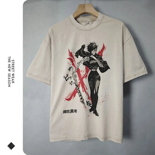 Anime Zenin Maki T Shirt Vintage Washed Satoru Gojo T-shirts Oversized Streetwear Harajuku Manga Fushiguro Toji Tops Tees Man - Jujutsu Kaisen Merch - Free Shipping Buy Now