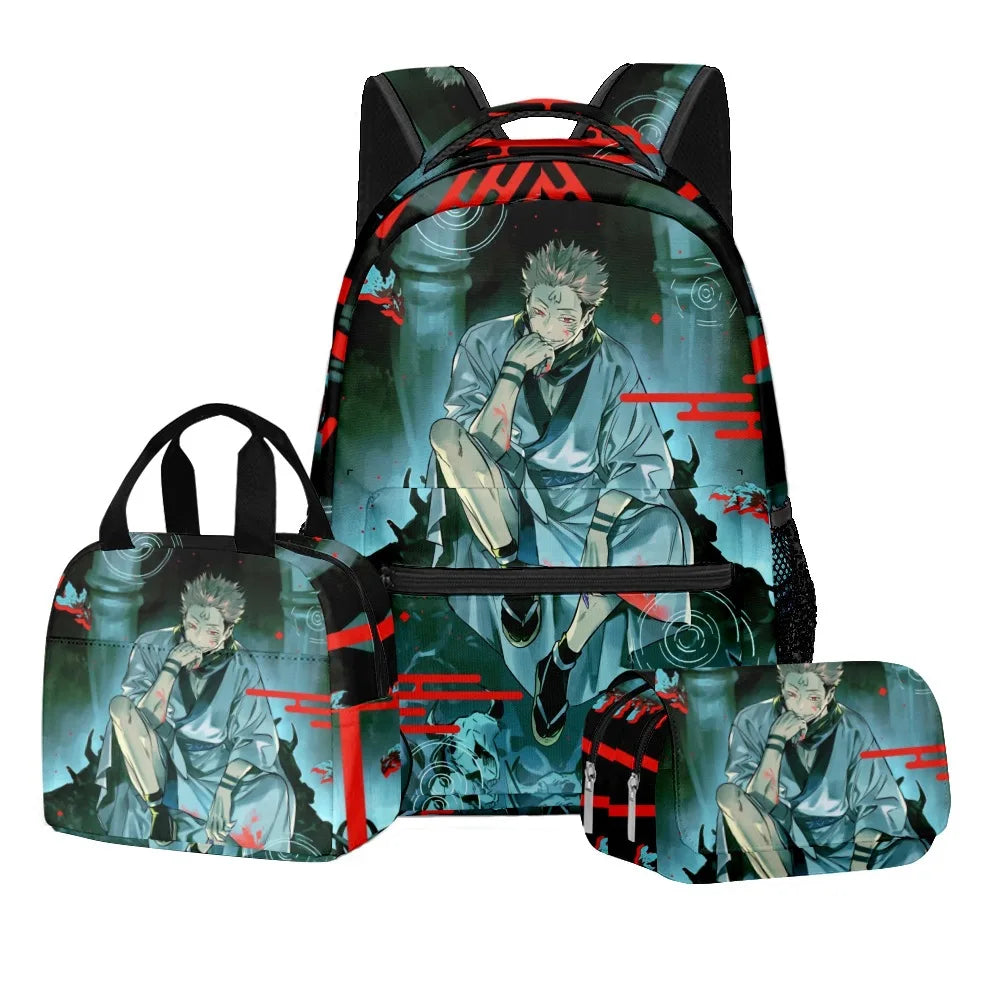 Ensemble scolaire Jujutsu Kaisen avec impression numérique d'anime, sac à dos grande capacité, sac à déjeuner, trousse à crayons à 2 couches, 3 pièces, cadeau pour garçon