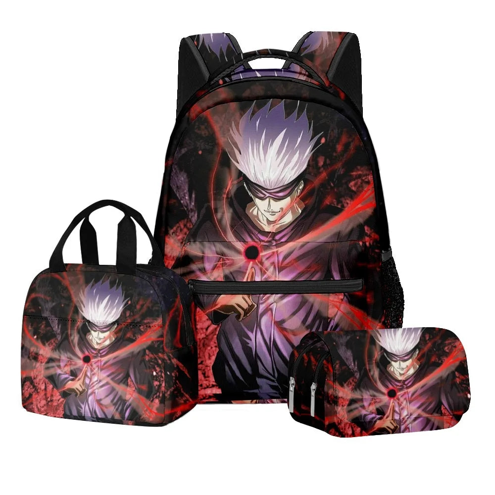 Ensemble scolaire Jujutsu Kaisen avec impression numérique d'anime, sac à dos grande capacité, sac à déjeuner, trousse à crayons à 2 couches, 3 pièces, cadeau pour garçon