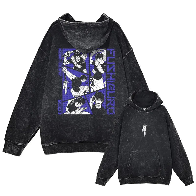 Anime J-Jujutsu Hoodies Vintage Washed Gojo Saturo Hooded Sweatshirts Oversized Manga K-Kaisen Fushiguro Toji CHOSO Hoodie Men - Jujutsu Kaisen Merch - Free Shipping Buy Now