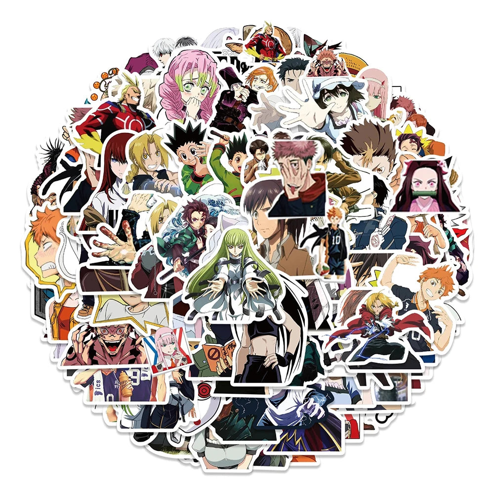 Lot de 50/100 autocollants dessin animé Attack On Titan Jujutsu Kaisen, autocollants imperméables pour skateboard, ordinateur portable, voiture, moto