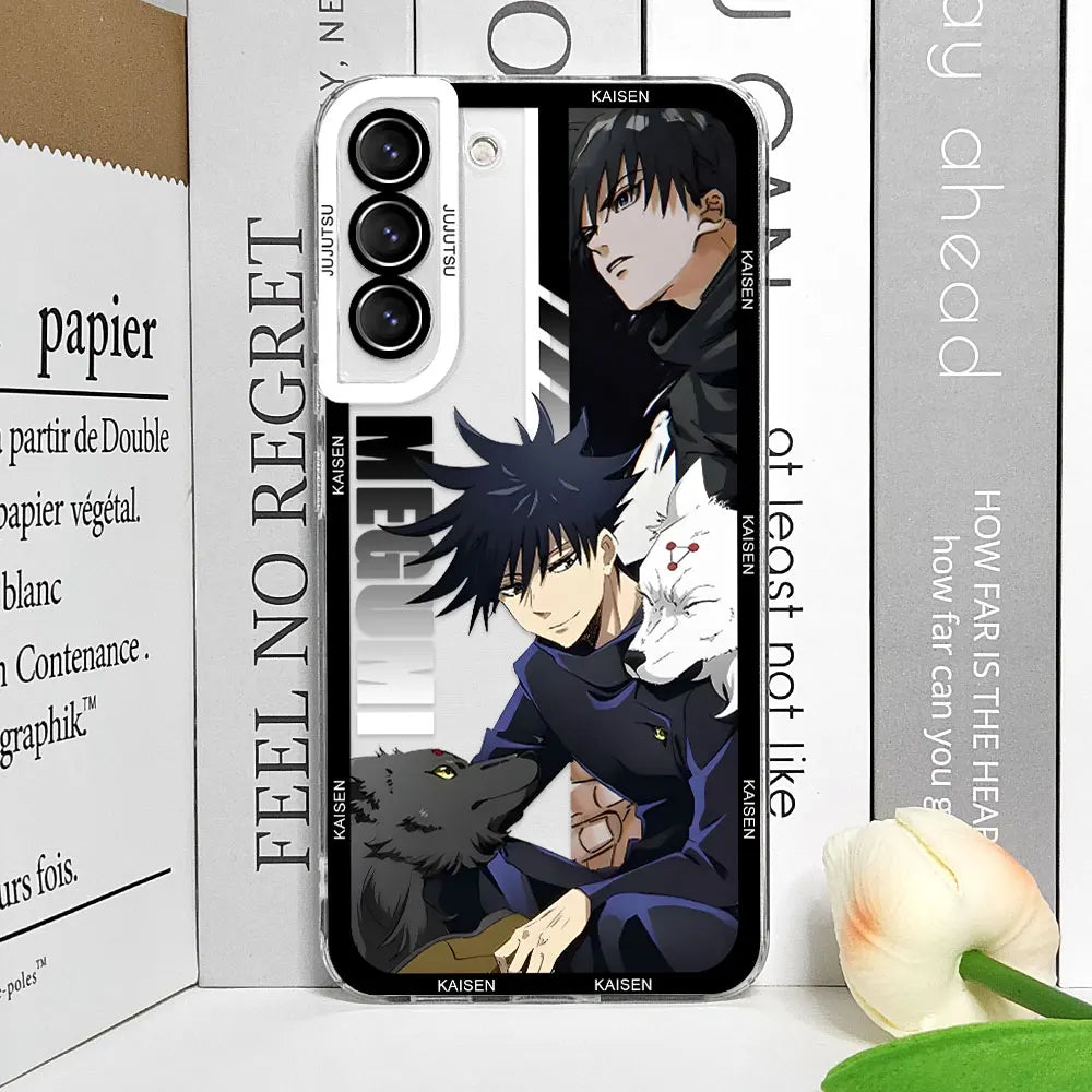 Coque de téléphone Samsung Galaxy S21, S22, S23, S24, S25 Ultra Plus FE, motif Jujutsu Kaisen Satoru Gojo Comics, transparente et souple