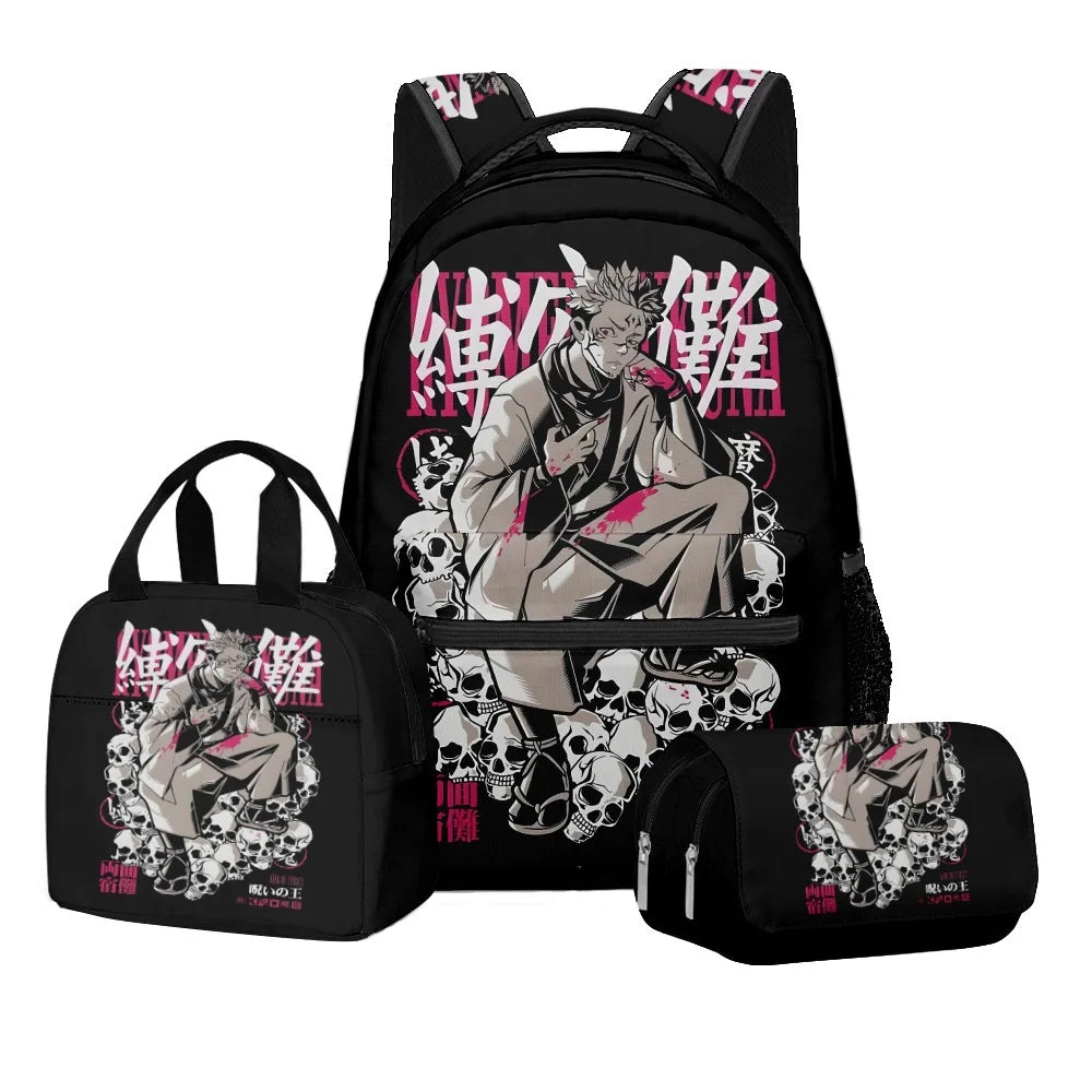 Ensemble scolaire Jujutsu Kaisen avec impression numérique d'anime, sac à dos grande capacité, sac à déjeuner, trousse à crayons à 2 couches, 3 pièces, cadeau pour garçon