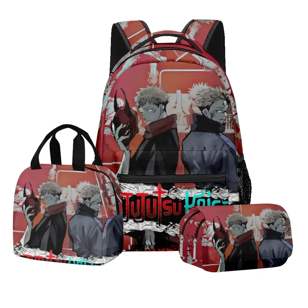 Ensemble scolaire Jujutsu Kaisen avec impression numérique d'anime, sac à dos grande capacité, sac à déjeuner, trousse à crayons à 2 couches, 3 pièces, cadeau pour garçon