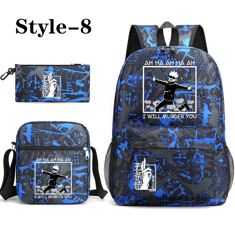Sac à dos mignon à motif Anime Satoru Gojo Nouveau sac à dos Anime Satoru Gojo 3 pièces Sac à bandoulière Sac à stylos Sac à dos Satoru Gojo