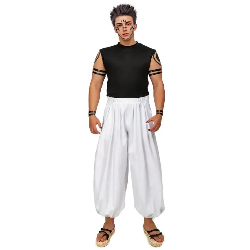 DAZCOS Ryomen Sukuna Costume White Kung Fu Suit with Tattoo Stickers Ryomen Sukuna as Megumi Showdown Cosplay Costume Full Set - Jujutsu Kaisen Merch - Free Shipping Buy Now