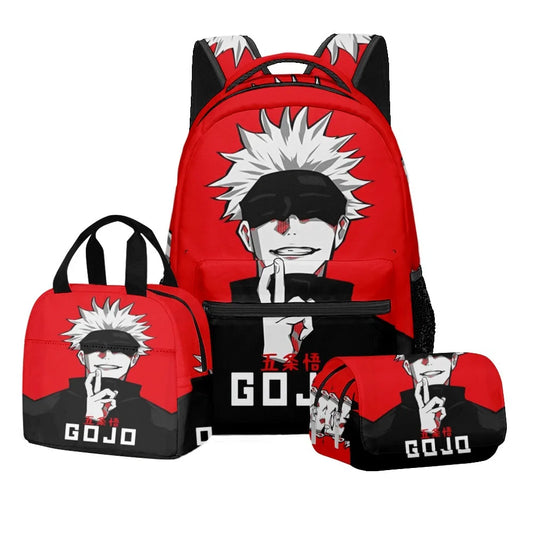 Ensemble scolaire Jujutsu Kaisen avec impression numérique d'anime, sac à dos grande capacité, sac à déjeuner, trousse à crayons à 2 couches, 3 pièces, cadeau pour garçon