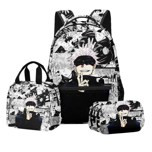 Ensemble scolaire Jujutsu Kaisen avec impression numérique d'anime, sac à dos grande capacité, sac à déjeuner, trousse à crayons à 2 couches, 3 pièces, cadeau pour garçon