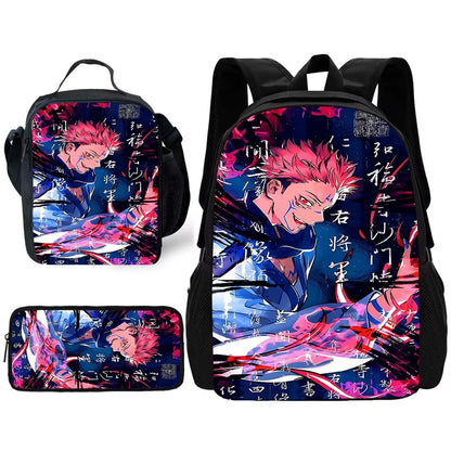Sac à dos d'école Anime J-Jujutsu Kaisen pour enfant avec sacs à déjeuner, trousses à crayons, sacs d'école pour garçons et filles, meilleur cadeau