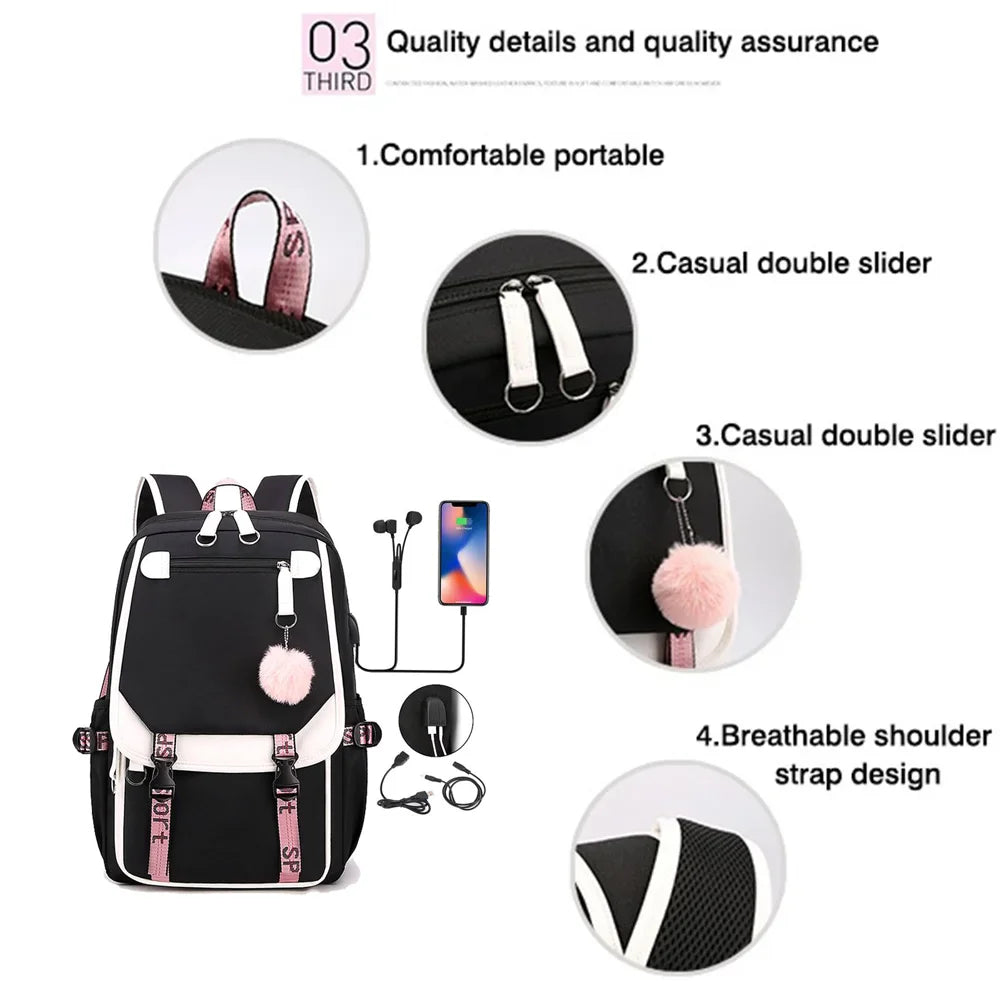 Sac à dos tendance avec fermeture éclair et port USB, motif dessin animé Satoru Gojo Harajuku, idéal pour l'extérieur et les adolescents