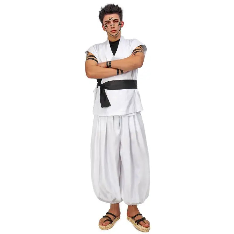 DAZCOS Ryomen Sukuna Costume White Kung Fu Suit with Tattoo Stickers Ryomen Sukuna as Megumi Showdown Cosplay Costume Full Set - Jujutsu Kaisen Merch - Free Shipping Buy Now