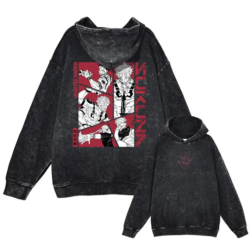 Anime J-Jujutsu Hoodies Vintage Washed Gojo Saturo Hooded Sweatshirts Oversized Manga K-Kaisen Fushiguro Toji CHOSO Hoodie Men - Jujutsu Kaisen Merch - Free Shipping Buy Now