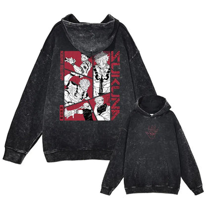 Anime J-Jujutsu Hoodies Vintage Washed Gojo Saturo Hooded Sweatshirts Oversized Manga K-Kaisen Fushiguro Toji CHOSO Hoodie Men - Jujutsu Kaisen Merch - Free Shipping Buy Now